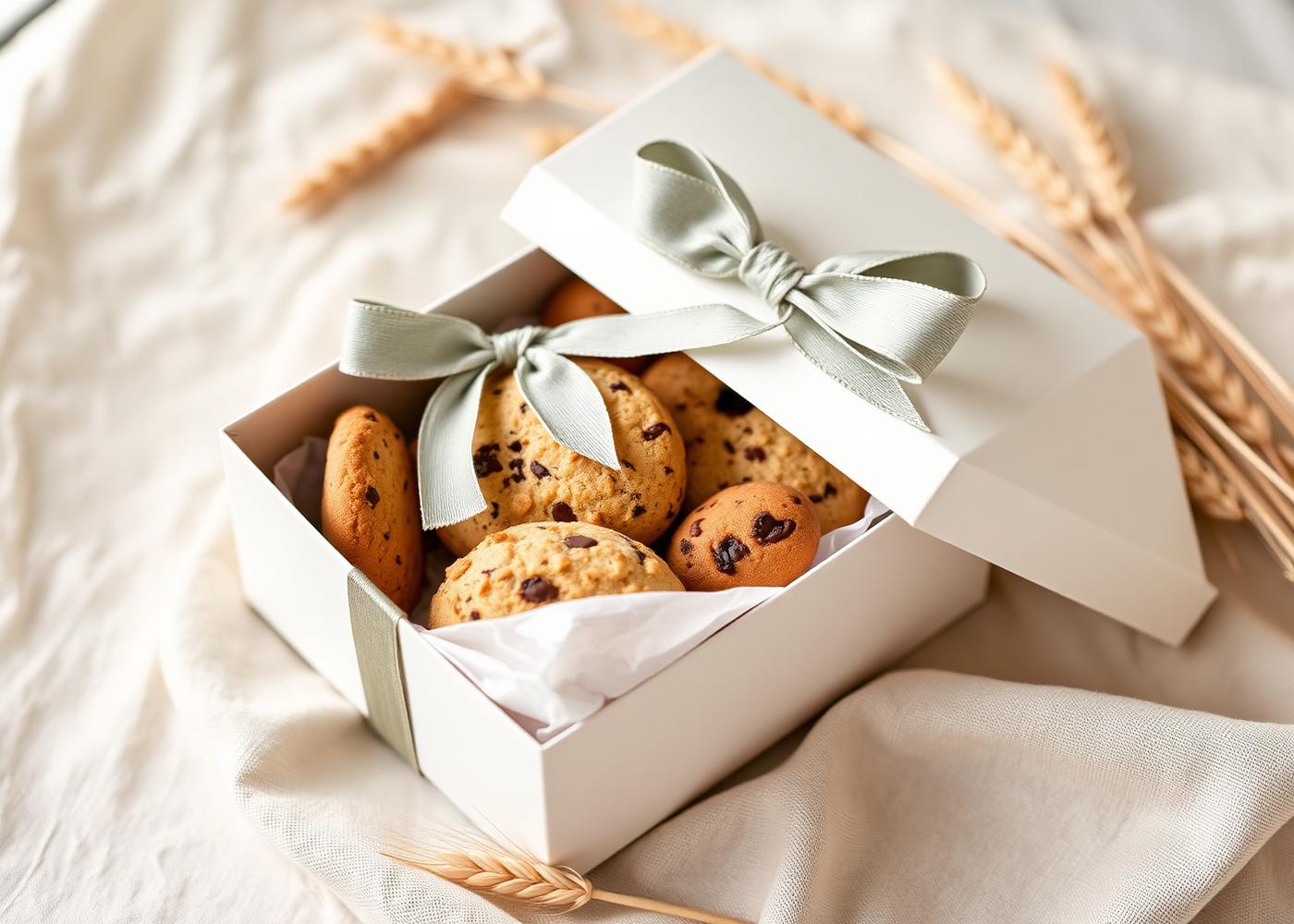 Cookie gift box tied with a sage ribbon